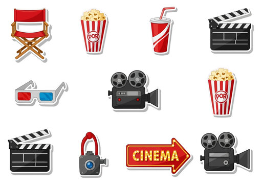 Cinema and Movie Production Sticker Icon Set with Film Equipment and Theater Snacks