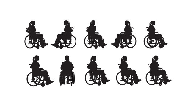 Disabled woman silhouette set vector illustration person sitting in wheelchair mobility accessibility concept isolated.