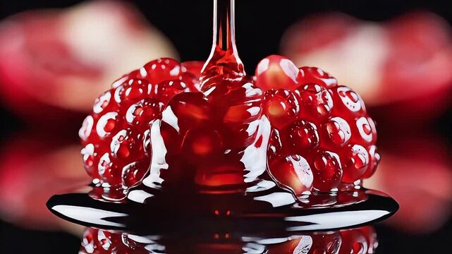 Vibrant ruby arils glisten, beautifully arranged on a dark reflective surface. A luxurious syrup pours over, enhancing the rich, succulent fruit's natural sweet appeal.