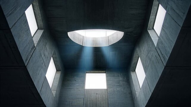 Abstract architectural view of a concrete interior space with sunlight streaming through a circular skylight and rectangular windows.