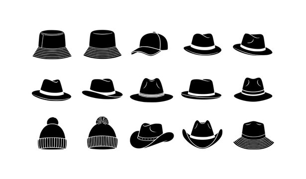 Black hat silhouettes vector set including bucket hat cap fedora and beanie icons isolated on white background