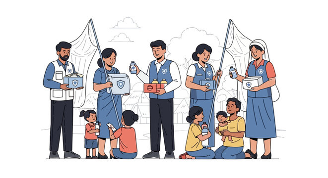 A community mosquito prevention education initiative is depicted in this vector illustration, showcasing healthcare workers providing malaria treatment to families in an NGO healthcare