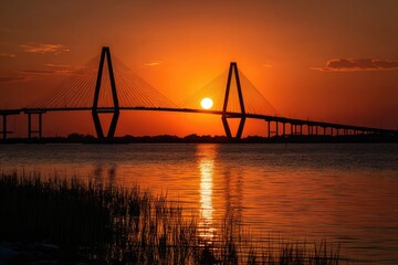 Fototapeta premium Dramatic sunset over a cable-stayed bridge reflecting on water