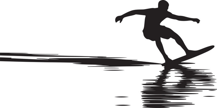Skimboarding surfing on beach, flat black vector illustration