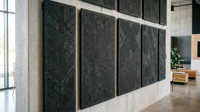 Close medium view of acoustic baffles with detailed laseretched designs emphasizing their functional beauty and modern interior application.