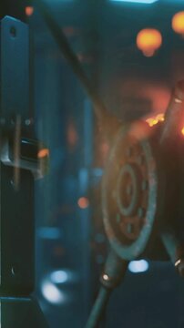 A dimly lit industrial space reveals rusted machinery illuminated by soft, warm lights. Shadows dance on the walls, creating an enigmatic ambiance that invites exploration.