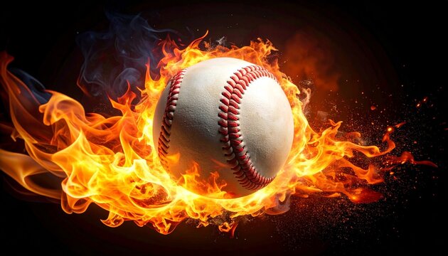 Baseball engulfed in flames a fiery symbol of passion and intensity on a black background capturing power and action.