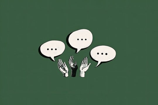 Three speech bubbles hover over two pairs of hands on a green background
