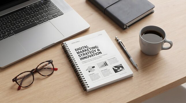 Digital marketing strategy and innovation notebook on a modern wooden office desk
