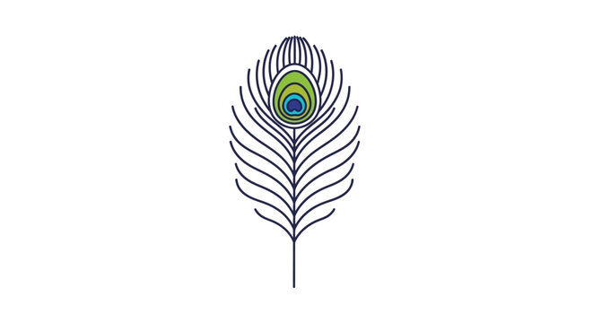 Stylized illustration of a single peacock feather with a prominent eye pattern and vibrant colors on a white background.