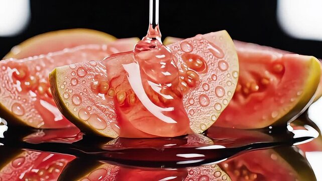 Observe vibrant guava slices, glistening with water and then drizzled with sweet nectar, creating a refreshing, delicious, and visually appealing fruit presentation.
