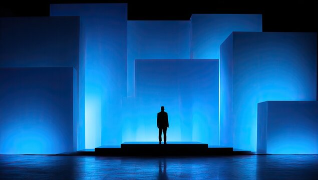 Man stands on stage against illuminated blue cuboid backdrop