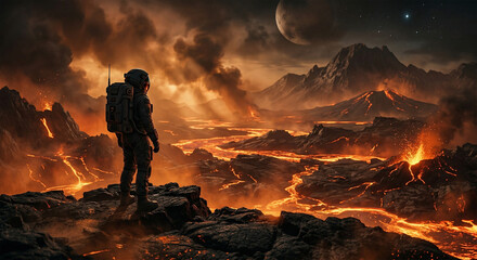 Obraz premium Astronaut exploring a dangerous volcanic alien planet with flowing lava
