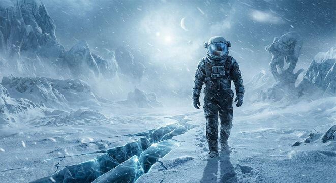 Astronaut walking across a freezing icy wasteland on an alien world