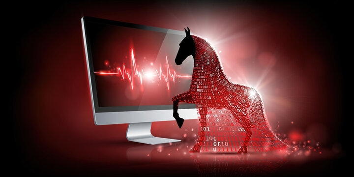Red trojan horse made of binary code standing by computer monitor with heartbeat waveform