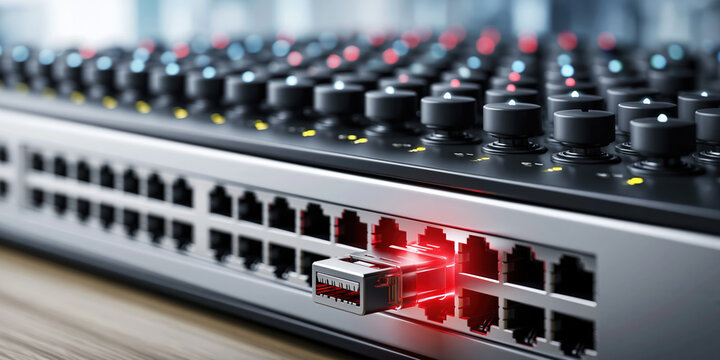 Network switch with glowing ethernet jack trojan horse concept cyber security scene full