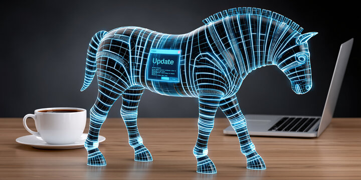 Futuristic trojan horse hologram on desk with laptop and coffee conveying system update