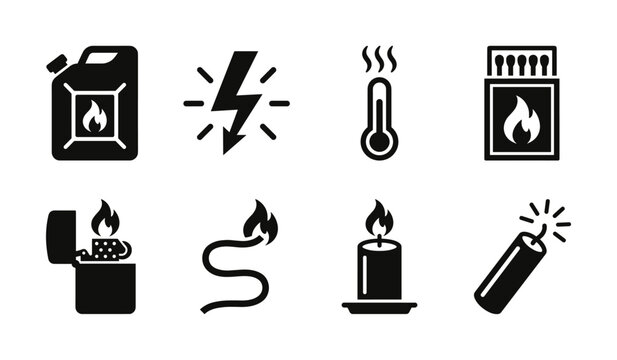 A collection of black vector icons representing danger, fire, heat, and explosive elements. Ideal for safety warnings, energy, or combustible material designs.