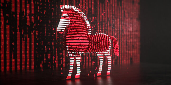 Red digital trojan horse formed from glowing code standing in dark tech space