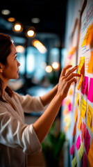 Obraz premium Close up of a hand placing colorful sticky notes on a large bright planning board for strategic brainstorming the board showing organized columns and labeled sections warm