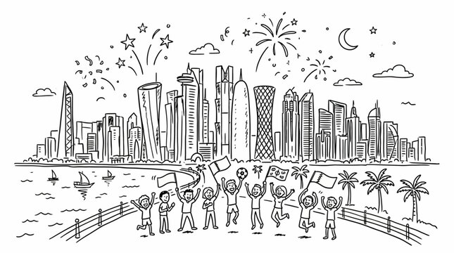 Doha Skyline Celebration with Fireworks and Excited People