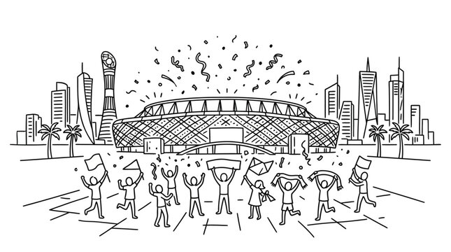 Doodle of a Football Stadium with Crowd and City Skyline