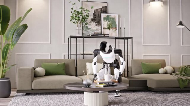 AI-powered humanoid robot cleans an apartment, picking up dirty dishes in a modern living room. Advanced household and housekeeping automation. Future smart home technology. 3d animation rendering