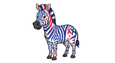 Obraz premium Cartoon zebra with red white blue awareness ribbons illustration isolated on white background