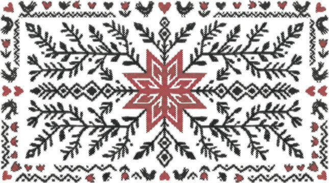 Border floral rug seamless pattern repeating fabric design pixel art cross stitch grid vector