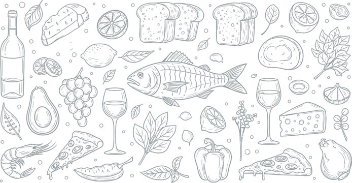 Hand drawn food and drink vector pattern with fish, wine, cheese, pizza, bread, fruits and vegetables