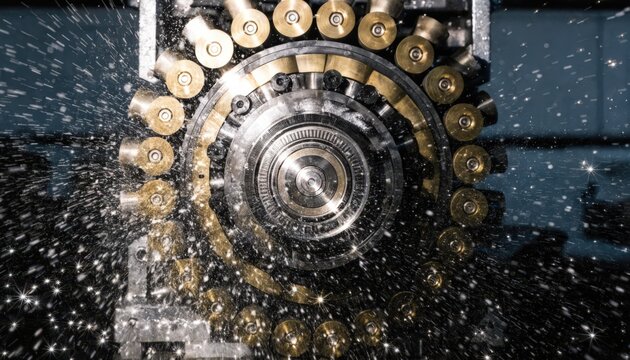 Dynamic medium shot capturing highspeed rotary machine crafting rimfire case rims and priming cavities emphasizing rapid manufacturing action.