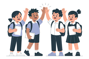 Obraz premium Diverse school children group giving high five celebration and standing with backpacks for education and friendship
