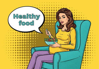 Fototapeta premium Pregnant Woman Eating Healthy Food Salad Illustration in Retro Pop Art Style - Wellness and Pregnancy Nutrition Concept