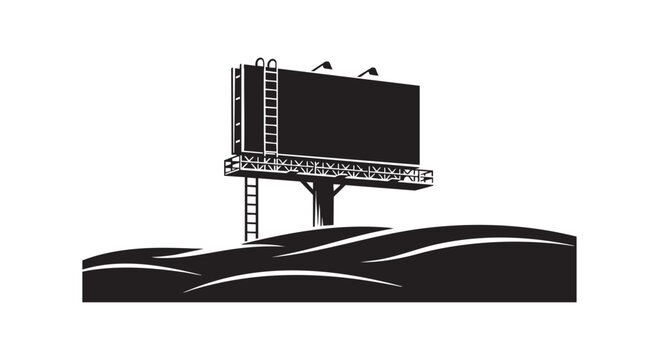 Large outdoor billboard silhouette standing on rolling landscape hills with metal structure and ladder for advertisement.