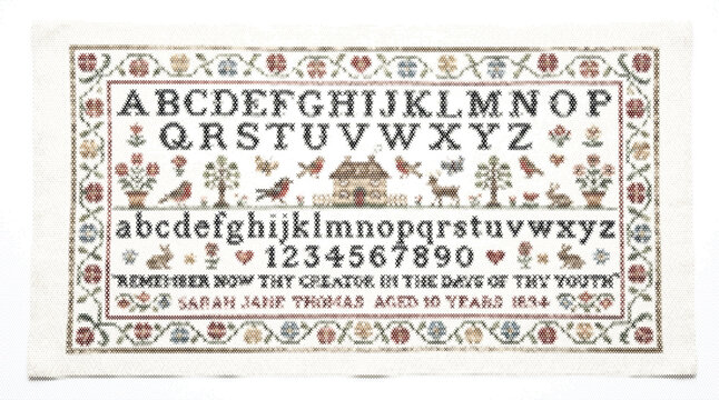 Alphabet sampler grid hand drawn wall decor pixel art cross stitch fabric design vector