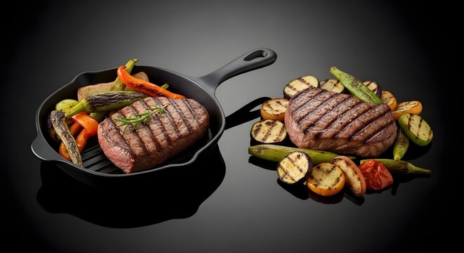 Dua porsi steak daging sapi panggang dengan sayuran di wajan besi dan permukaan hitam