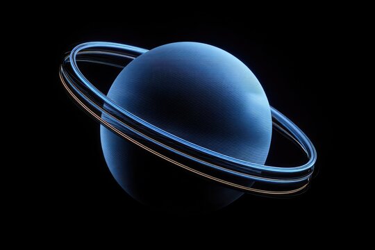 A glowing blue sphere with three orbiting rings against black