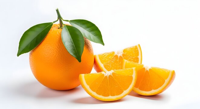 Buah jeruk utuh dengan daun hijau dan beberapa irisan di latar belakang putih