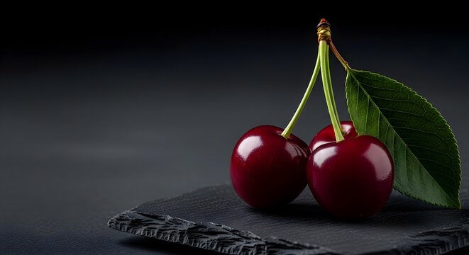 Dua buah ceri merah bertangkai dengan daun hijau di atas batu tulis hitam