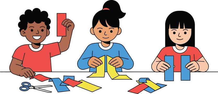 Children doing arts and crafts with paper and scissors, learning and playing