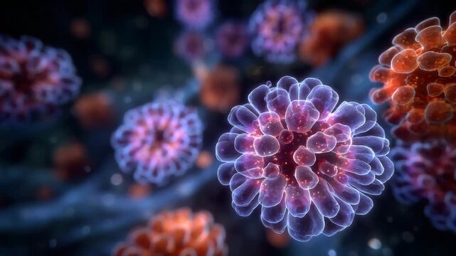 Bright laboratory-style abstract 3D microscopy visualization, multiple types of viruses and bacteria in vivid contrasting colors, fine structural details on surfaces, floating dyna