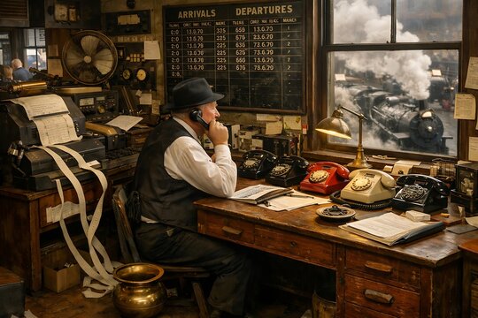 Vintage Train Station Office with Dispatcher on Phone and Steam Train Outside