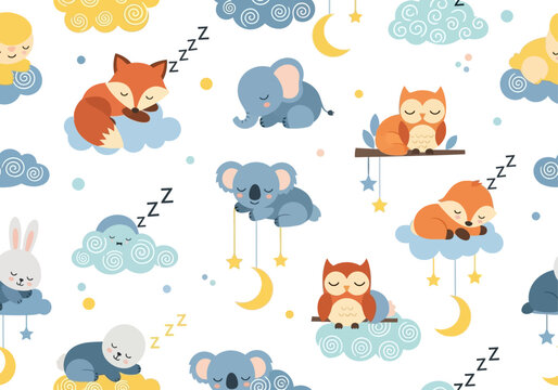 Cute Sleeping Baby Animals Seamless Pattern with Fox Elephant Owl Koala and Rabbit for Nursery Wallpaper