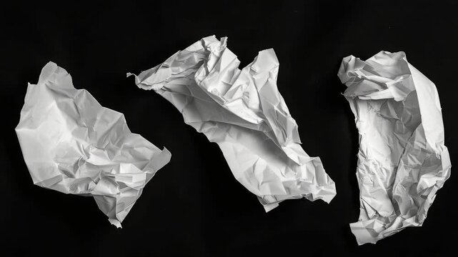 Video Three crumpled papers sit on a dark, textured surface