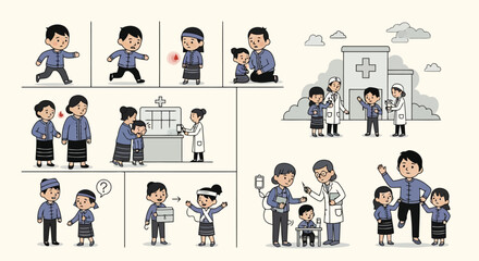 Fototapeta premium Healthcare journey depicted in a comic strip style illustration isolated on white background