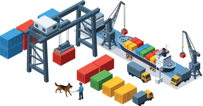 Isometric Cargo Port Terminal with Shipping Containers, Gantry Crane, Cargo Ship, Trucks, and Security Guard with Sniffer Dog for Global Logistics, Trade, and Customs Concept