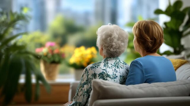 Bright modern living room scene with a faceless female caregiver from behind sitting beside an elderly woman on a soft sofa, both in a relaxed companionable posture while talking g