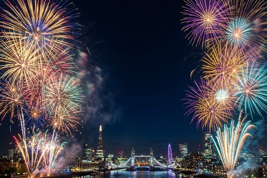 Vibrant fireworks explode over city skyline at night