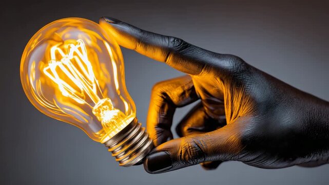 Macro close-up overhead of a faceless hand grasping a glowing light bulb, amber filament warmth radiating onto skin, clean bright background, subtle reflections highlighting the sm
