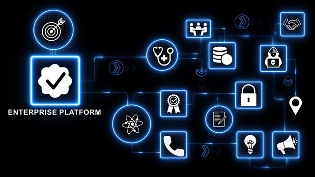 Enterprise platform technology icons network with data server cloud icon illustrating business infrastructure management and system integration interface motion graphics 4k animation video